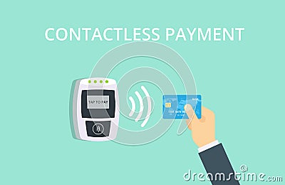 NFC Payment illustration in flat style. Pos terminal confirms contactless payment from credit card. Near-field communicatio Cartoon Illustration