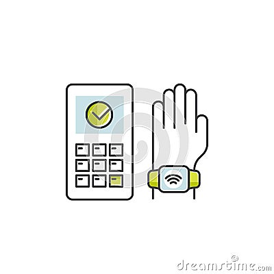 NFC Payment made through watch. Hand holding chip card. Pay or making a purchase contactless or wireless manner via POS Terminal Stock Photo