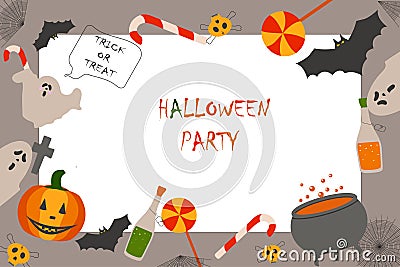 Invitation to the party Halloween. Pumpkin, bottle, skull, cross, sweets, bat, cauldron Vector Illustration