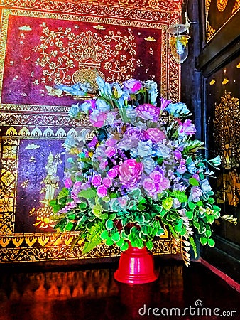 Flower vase inside the chapel Wat Chedi Luang Stock Photo