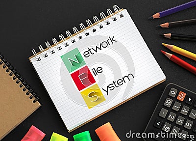 NFS Network File System - mechanism for storing files on a network, acronym text concept on notepad Stock Photo