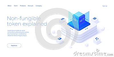 NFT abstract concept illustration in isometric design. Non-fungible token blockchain or marketplace. Cryptographic technology web Vector Illustration