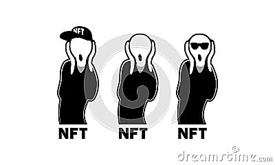 NFT art collection with The Scream picture. Black and white NFT character set with screaming silhouette by Edvard Munch Vector Illustration