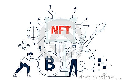 Nft art concept. Innovation artistic, money token transfer. Digital culture sale, future exhibit create. Cryptocurrency Vector Illustration