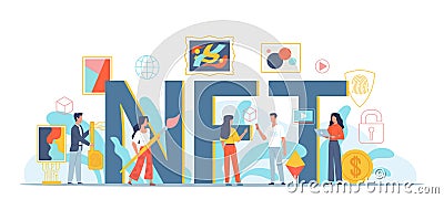 Nft art people. Non fungible tokens artists, innovation crypto culture, purchase unique digital asset, currency Vector Illustration