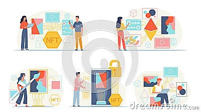 NFT crypto art. Internet artists marketplace. Culture innovation. Cryptography auction. Non-fungible token symbols Vector Illustration