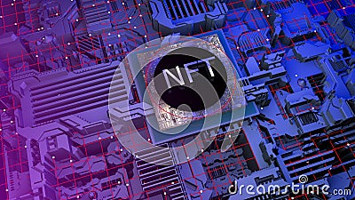 NFT 3d image. Blockchain Non Fungible Token idea. Computer chip NFT on digital background. Cryptocurrency Cartoon Illustration