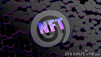 NFT 3d image. Blockchain Non Fungible Token idea. Computer chip NFT on digital background. Cryptocurrency Cartoon Illustration