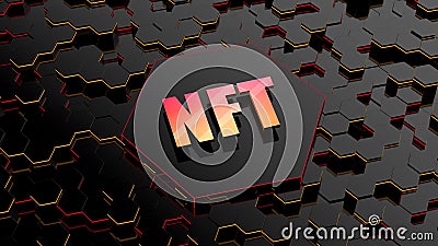 NFT 3d image. Blockchain Non Fungible Token idea. Computer chip NFT on digital background. Cryptocurrency Cartoon Illustration