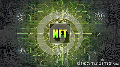 3d NFT image. Blockchain Non Fungible Token idea. Computer chip NFT on digital background. Cryptocurrency Cartoon Illustration