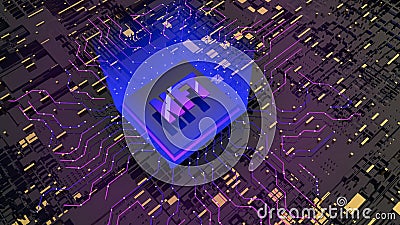 3d NFT image. Blockchain Non Fungible Token idea. Computer chip NFT on digital background. Cryptocurrency Cartoon Illustration