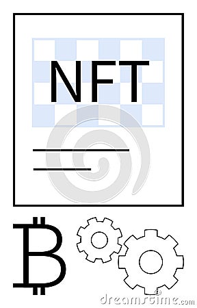 NFT document with Bitcoin and gears representing blockchain and digital innovation Vector Illustration