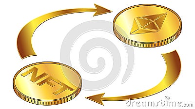NFT and Ethereum ETH circulation isometric concept with gold coins and cyclical arrows isolated on white. Vector Illustration