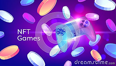 NFT Games Console. Game controller with Tokens crypto currency on purple background Vector Illustration