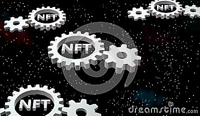 NFT. Non-fungible token. Cogwheel in perspective, flying in the cosmos. Firmament of stars. Cartoon Illustration