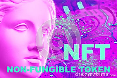 NFT Non fungible token. Crypto art concept. Technology selling unique collectibles, games characters, blockchain assets Stock Photo