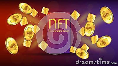 NFT non fungible token unique sign and gold coins of dollars fly out from cellphone. Concept of earning dollars USD on NFT market Vector Illustration