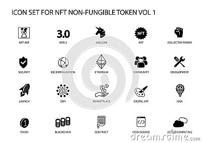 NFT Non-Fungible Token vector icon set for infographics. Contains symbols such as defi, token, decentralisation, marketplace, web3 Vector Illustration