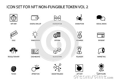 NFT Non-Fungible Token vector icon set for infographics. Contains symbols such as defi, token, decentralisation, marketplace, web3 Vector Illustration