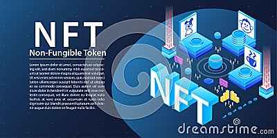 NFT Non Fungible Token vector illustration. Dark web banner background with NFT isometric icons Vector Illustration