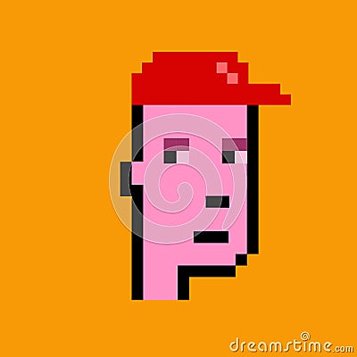NFT non fungible tokens crypto art, red cap cryptopunks, NFT blockchain, Pixel art character on Yellow background Stock Photo