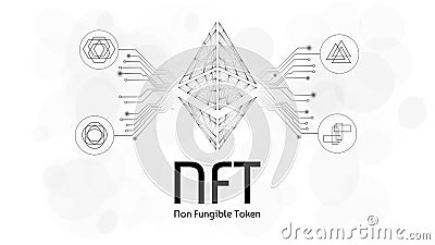 NFT non fungible tokens infographics with pcb tracks and different tokens on white background. Vector Illustration