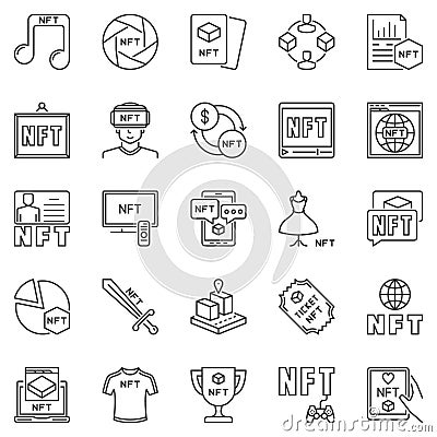 NFT Technology Types outline icons set. Non-Fungible Token vector symbols Vector Illustration