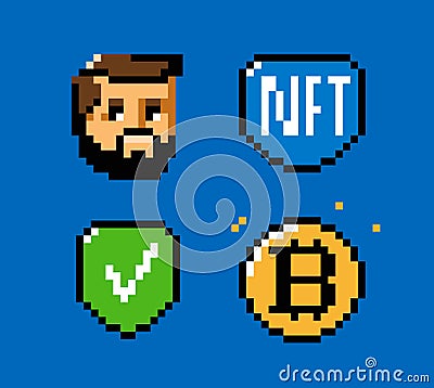 NFT, token, blockchain icon set. Digital currency pixel art vector Vector Illustration