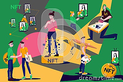 NFT Token Cryptocurrency Flat Collage Composition Cartoon Illustration