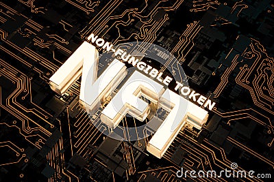 NFT word on abstract lines of electronic circuits Stock Photo