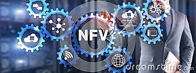 NFV inscription on gears background. Digital technology concept Stock Photo