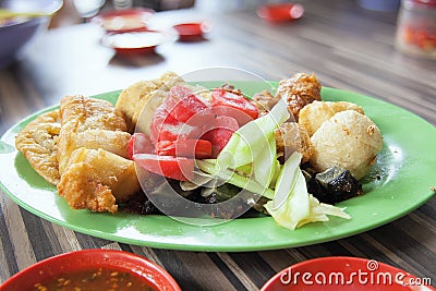 Ngo Hiang Dish with Sausage Tofu and Fishballs Stock Photo