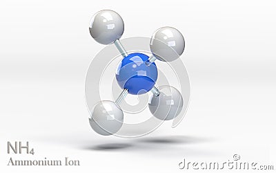 NH4 Ammonium ion. Molecule with hydrogen, hydrogen and nitrogen atoms. 3d rendering Stock Photo