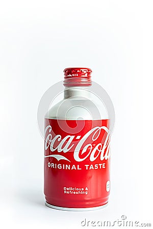 Nha Trang, Vietnam - march 2023. Coca Cola aluminium bottle. Creative red white still life of soda pop bottle Editorial Stock Photo