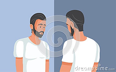 Young Man Feeling Insecure Looking in the Mirror Vector Illustration Vector Illustration