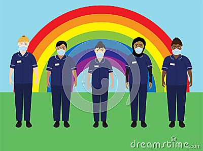 NHS hospital staff wearing face masks, standing in front of a rainbow Vector Illustration