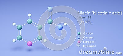 niacin, nicotinic acid, vitamin b3, molecular structures, 3d model, Structural Chemical Formula and Atoms with Color Coding Stock Photo