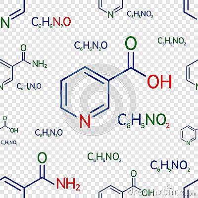 Niacinamide and niacin vector illustration. molecular formula repeated backdrop. Nicotinamide and nicotinic acid Vector Illustration