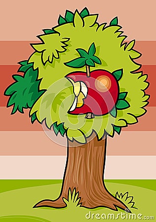 Nibbled apple on tree cartoon illustration Vector Illustration
