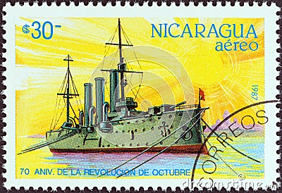 NICARAGUA - CIRCA 1987: A stamp printed in Nicaragua shows cruiser Aurora, circa 1987. Editorial Stock Photo