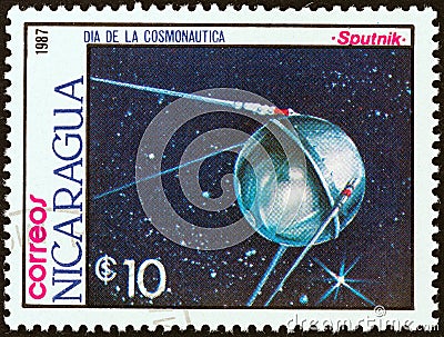 NICARAGUA - CIRCA 1987: A stamp printed in Nicaragua shows Sputnik satellite, circa 1987. Editorial Stock Photo