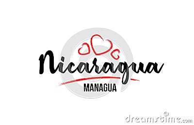 Nicaragua country with red love heart and its capital Managua creative typography logo design Vector Illustration