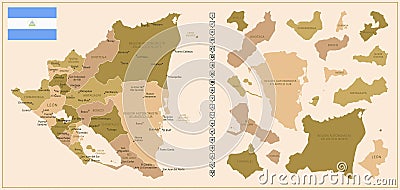 Nicaragua - detailed map of the country in brown colors, divided into regions Cartoon Illustration