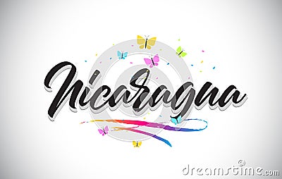 Nicaragua Handwritten Vector Word Text with Butterflies and Colorful Swoosh Vector Illustration