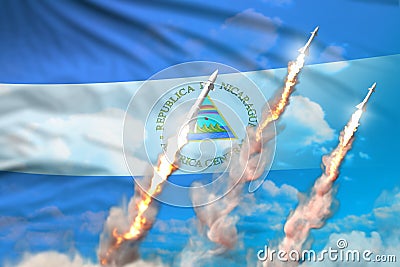 Modern strategic rocket forces concept on blue sky background, Nicaragua supersonic missile attack - military industrial 3D Cartoon Illustration