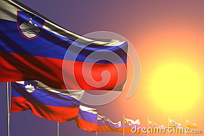 Nice many Slovenia flags placed diagonal on sunset with place for text - any celebration flag 3d illustration Cartoon Illustration