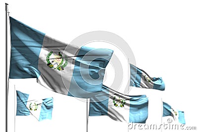 Nice any feast flag 3d illustration - five flags of Guatemala are waving isolated on white - image with bokeh Cartoon Illustration