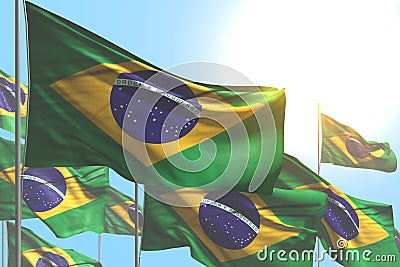 Nice any occasion flag 3d illustration - many Brazil flags are waving on blue sky background Cartoon Illustration