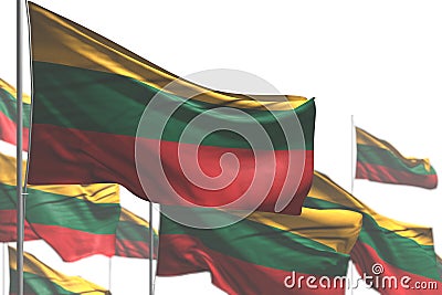 Nice any occasion flag 3d illustration - many Lithuania flags are wave isolated on white - image with bokeh Cartoon Illustration