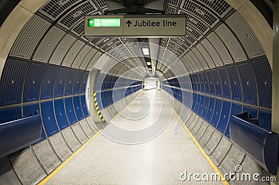 Nice architecture and details of corridor with sign Jubilee Line in London Editorial Stock Photo